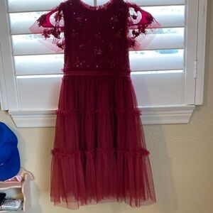 Ivy city co Elegant Burgundy Tulle Dress with Floral Embellishments